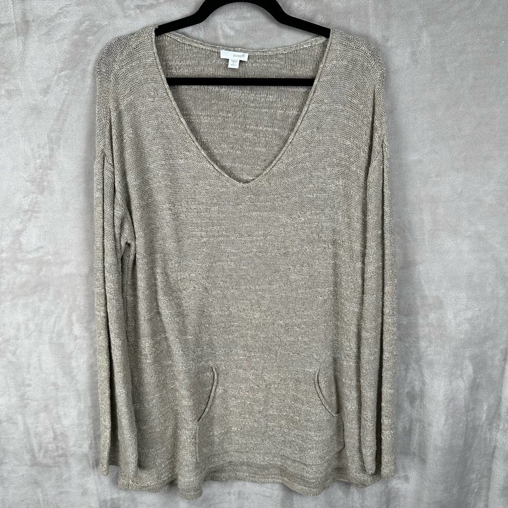 J Jill PureJill Sweater Womens Large Tan V Neck Lightweight Tunic Casual Office